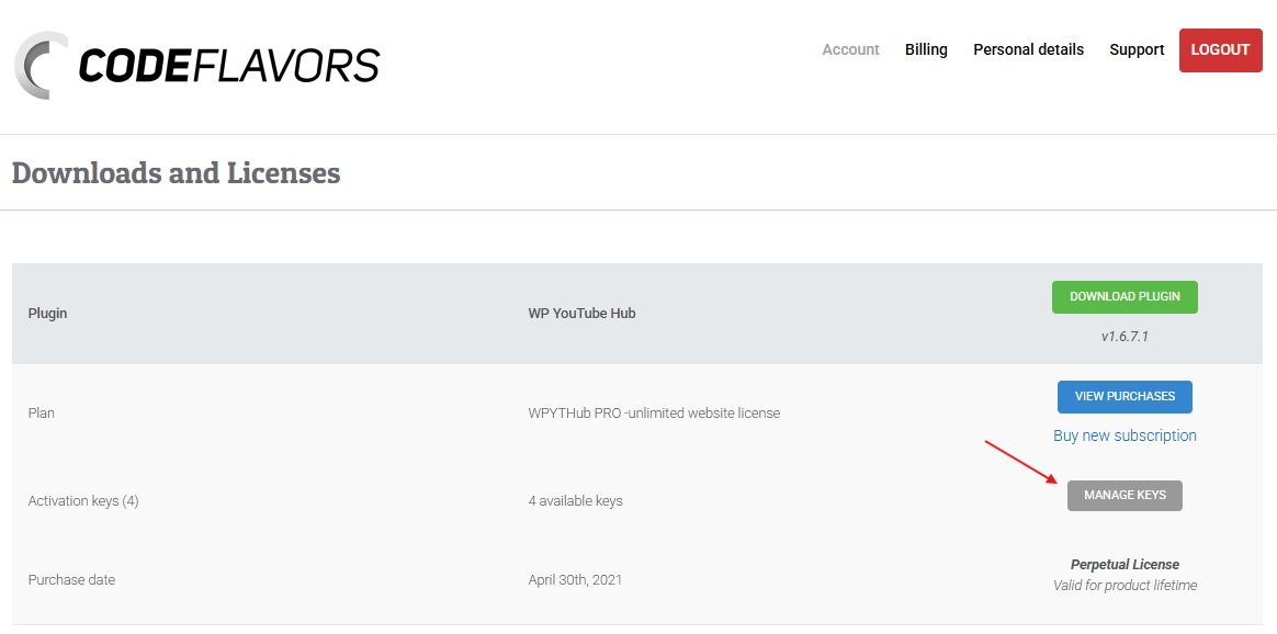 CodeFlavors account Downloads and Licenses page with the Manage keys button for Video Hub