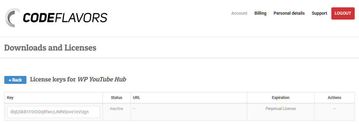 Video Hub license keys page in the CodeFlavors account showing the key to copy