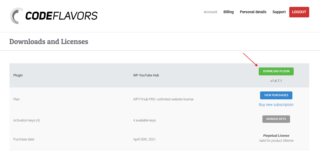 Download Video Hub plugin from the CodeFlavors account Downloads and Licenses page