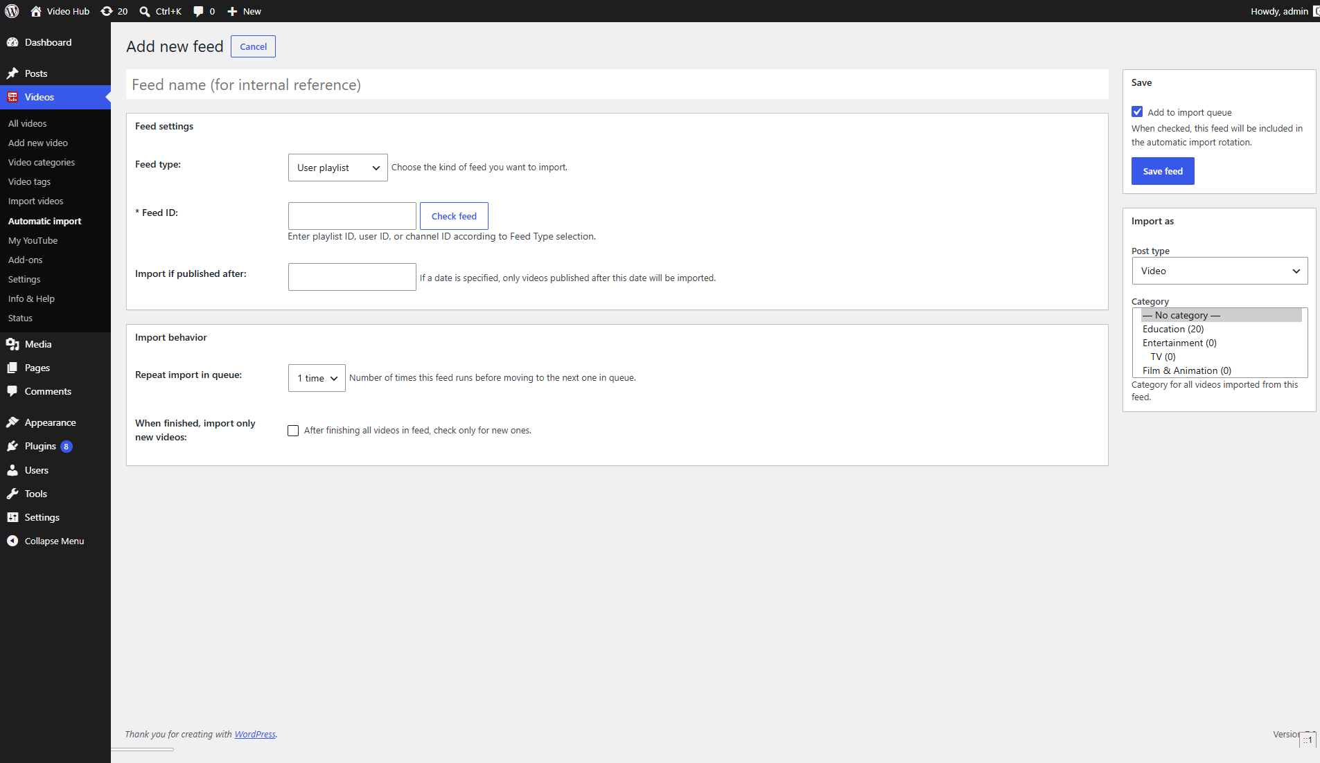 Video Hub add new automatic import feed screen