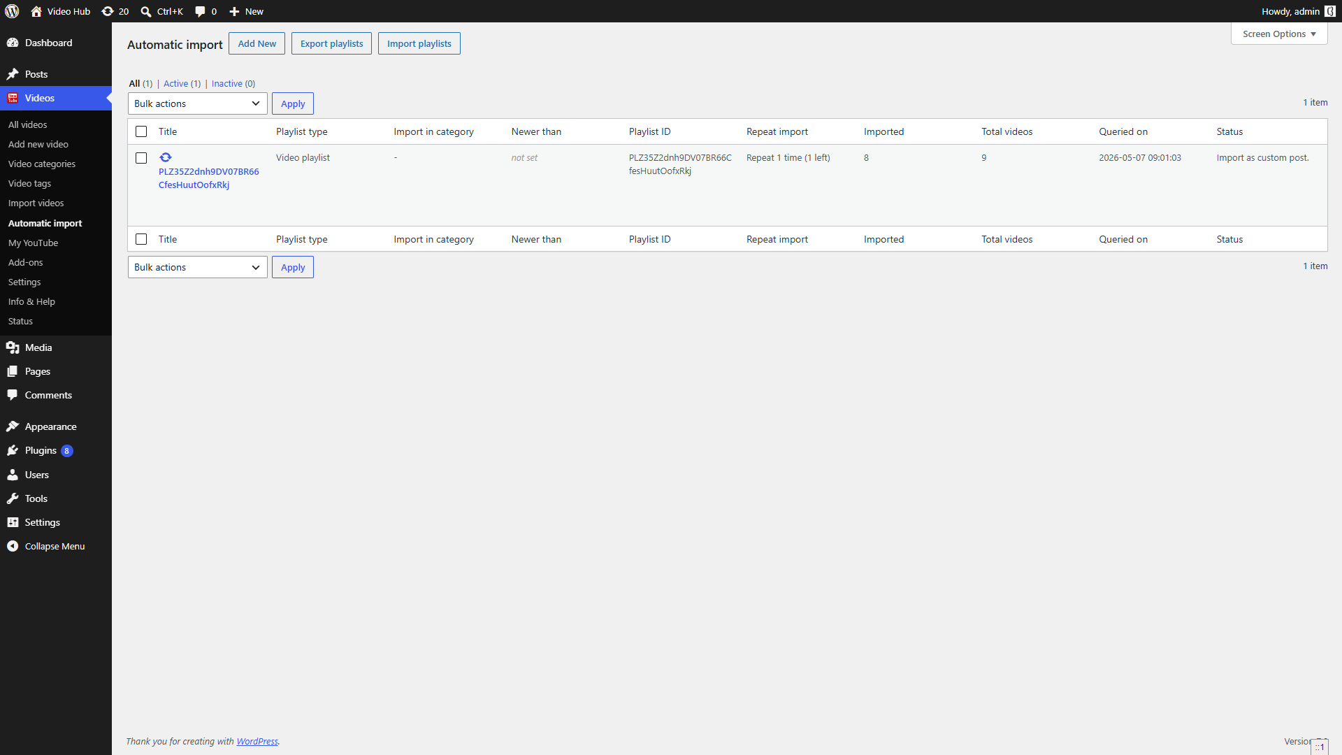 Video Hub automatic import feeds list screen