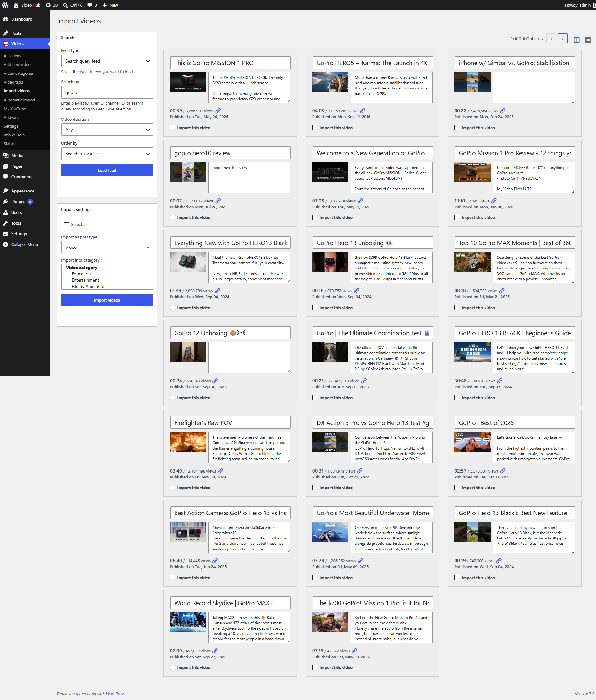 Video Hub manual bulk import screen with search form and results