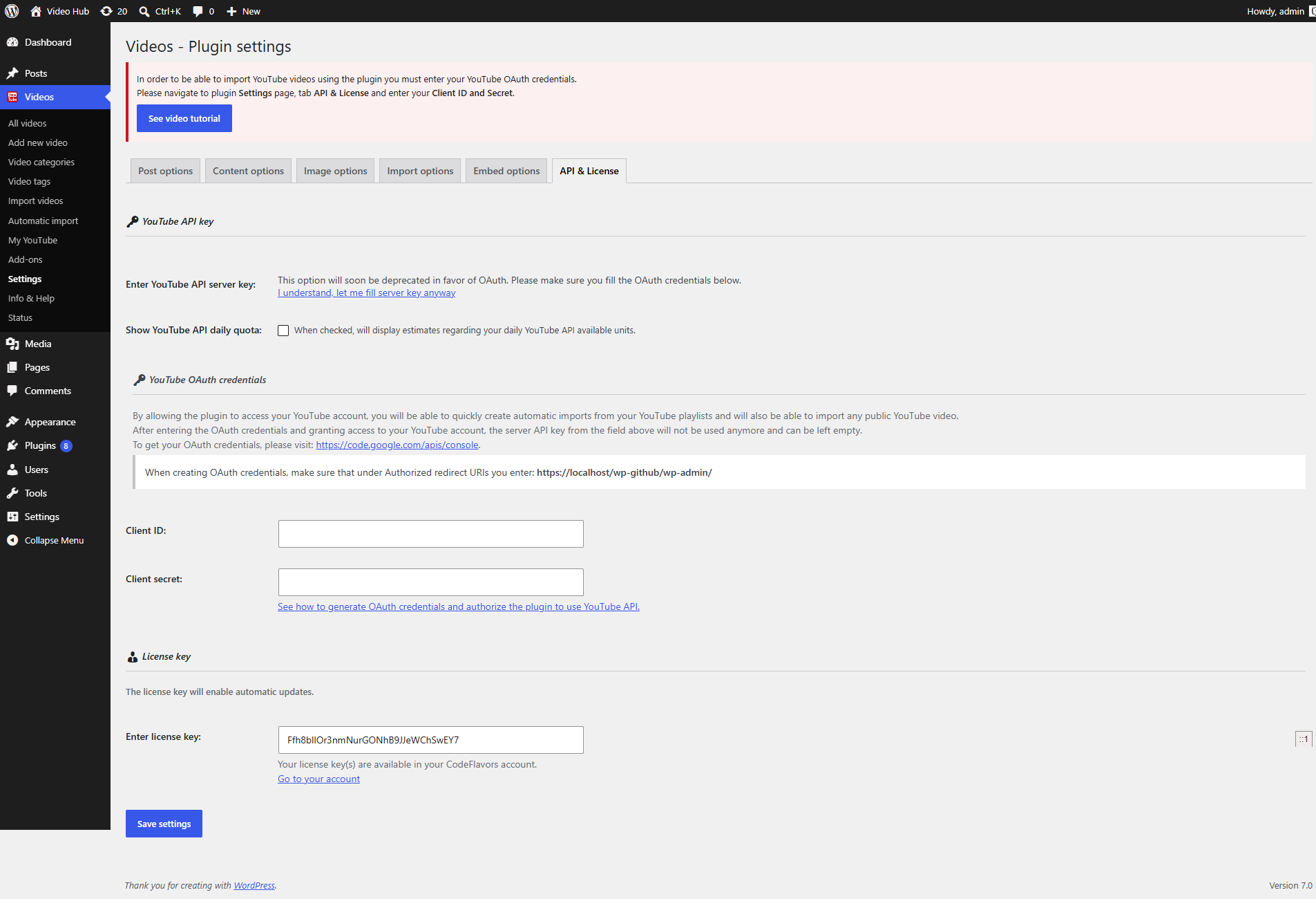 Video Hub plugin API and License settings tab