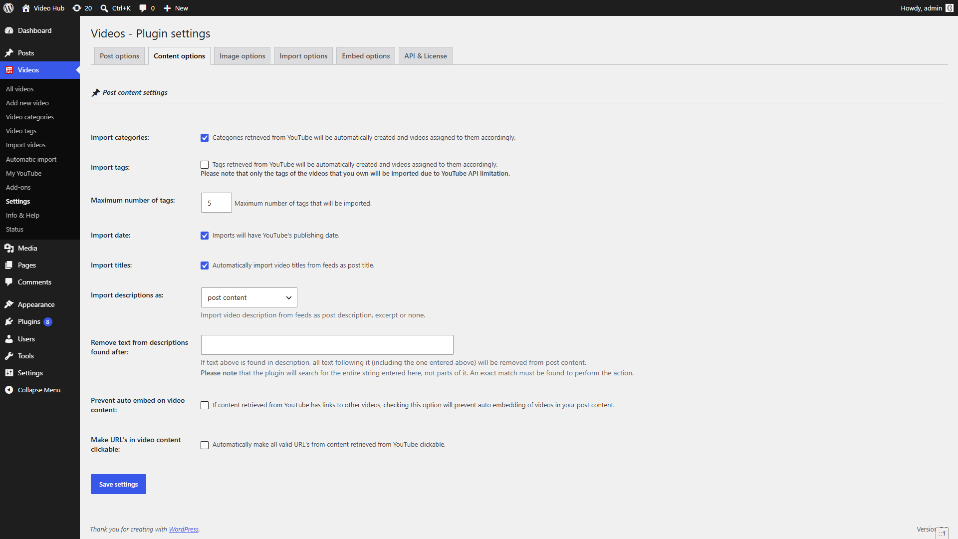 Video Hub plugin Content options settings tab