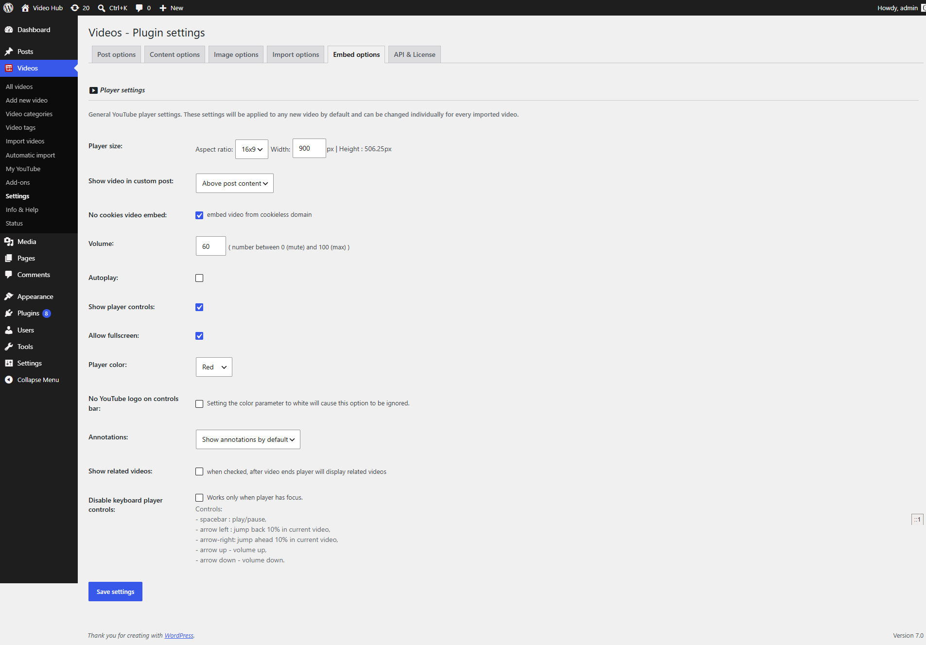 Video Hub plugin Embed options settings tab