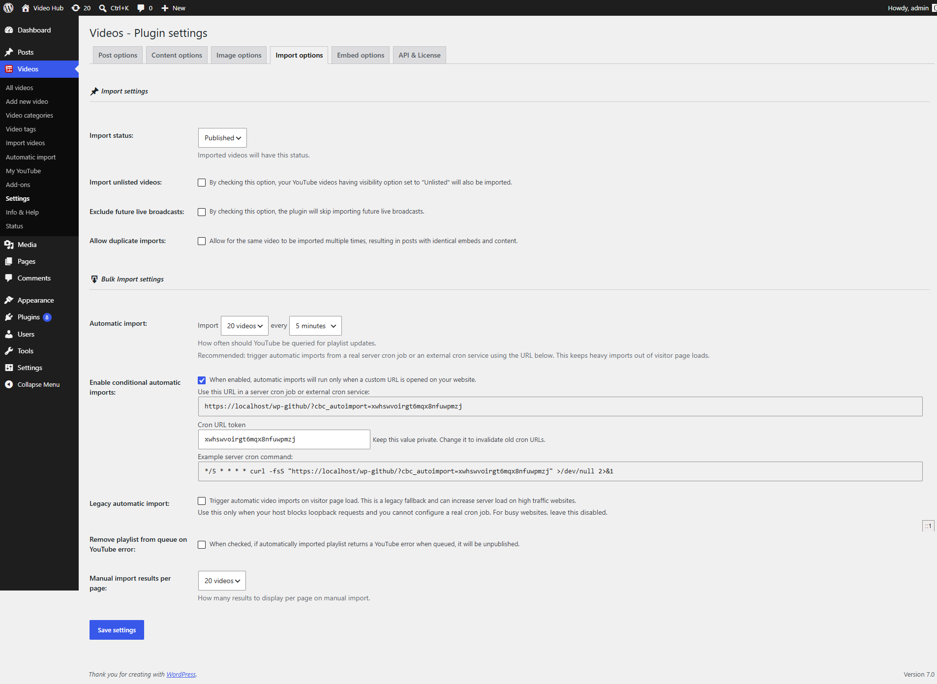 Video Hub plugin Import options settings tab