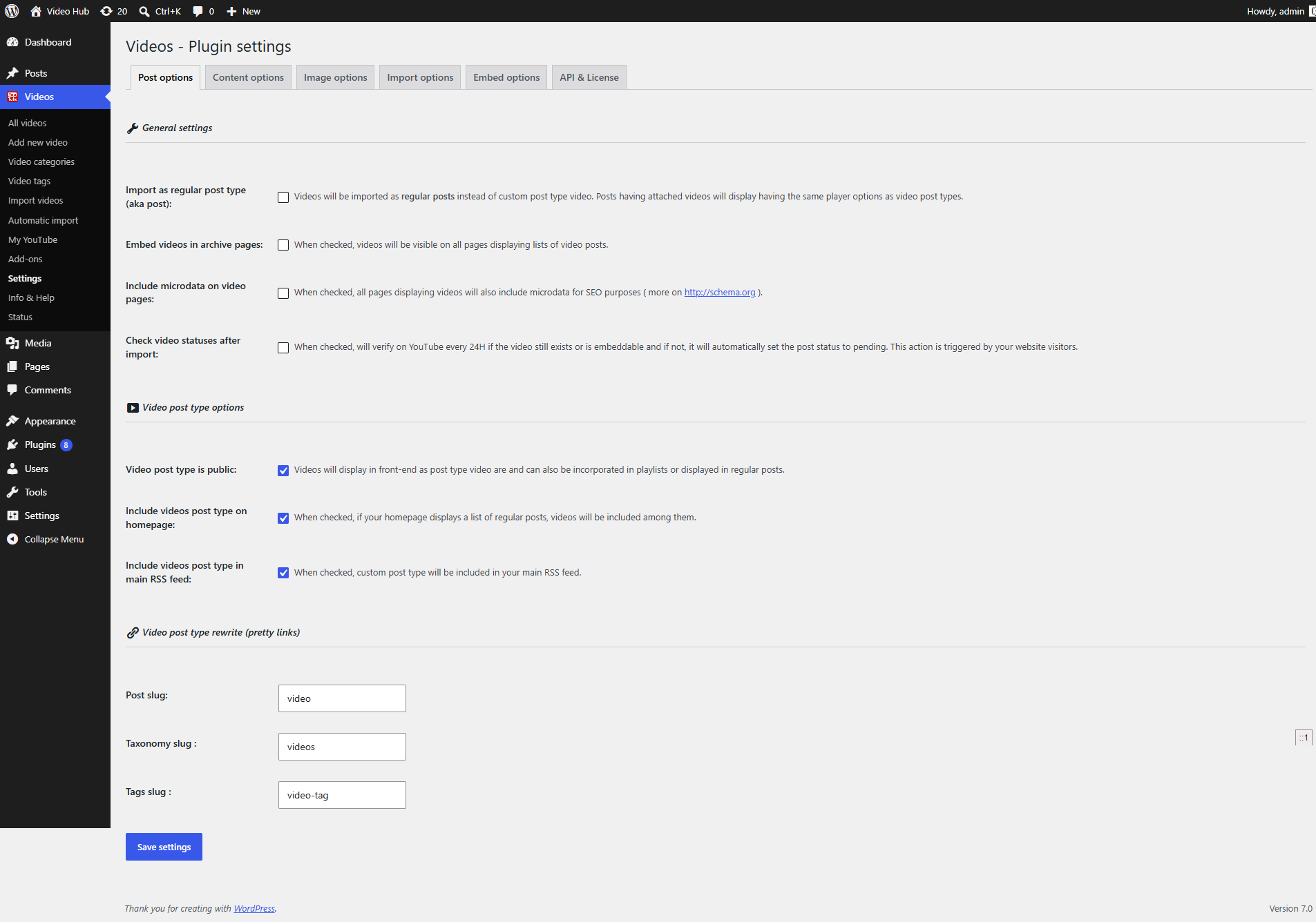 Video Hub plugin Post options settings tab