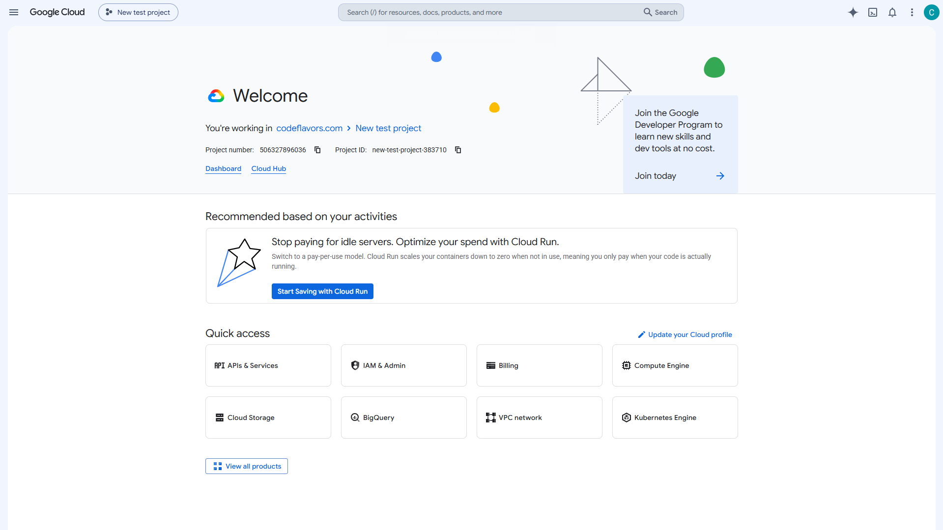 Google Cloud console welcome screen