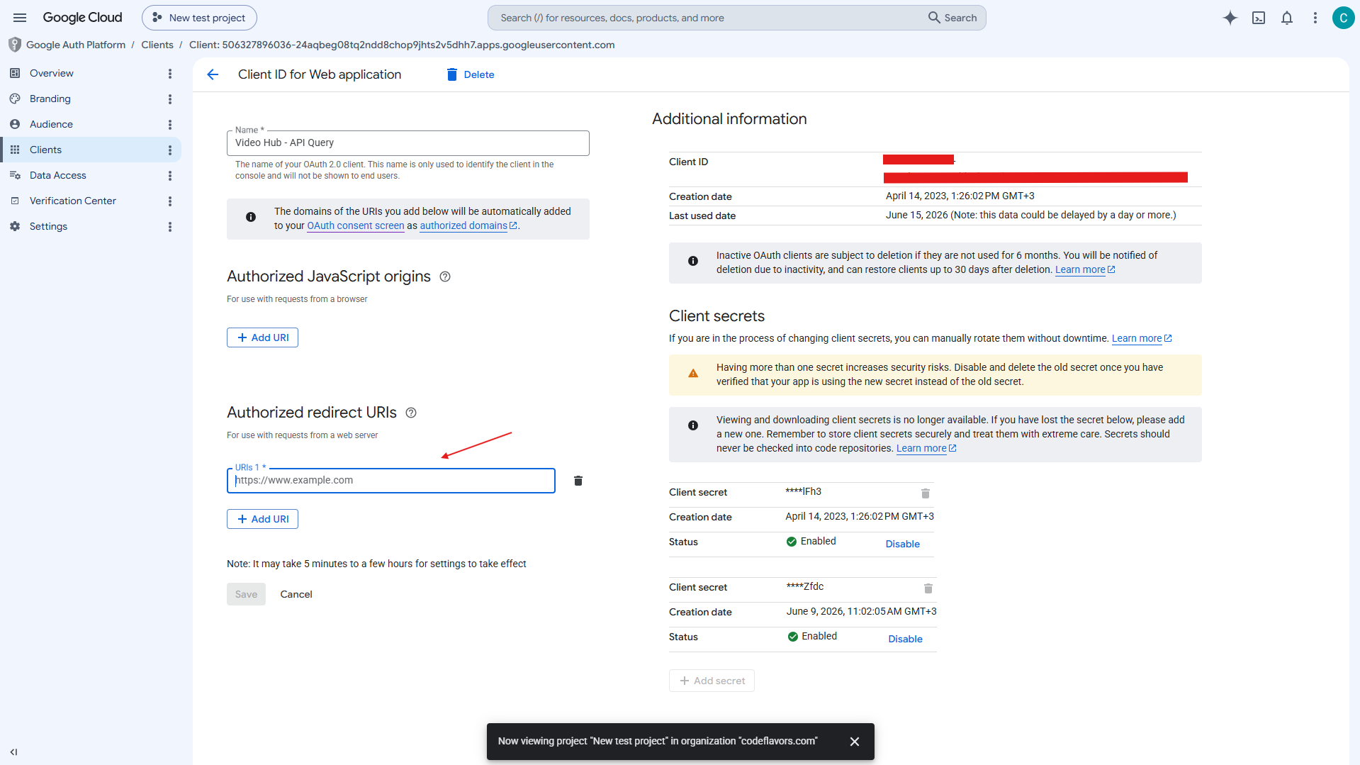 OAuth client showing the Client ID and Client secret to copy