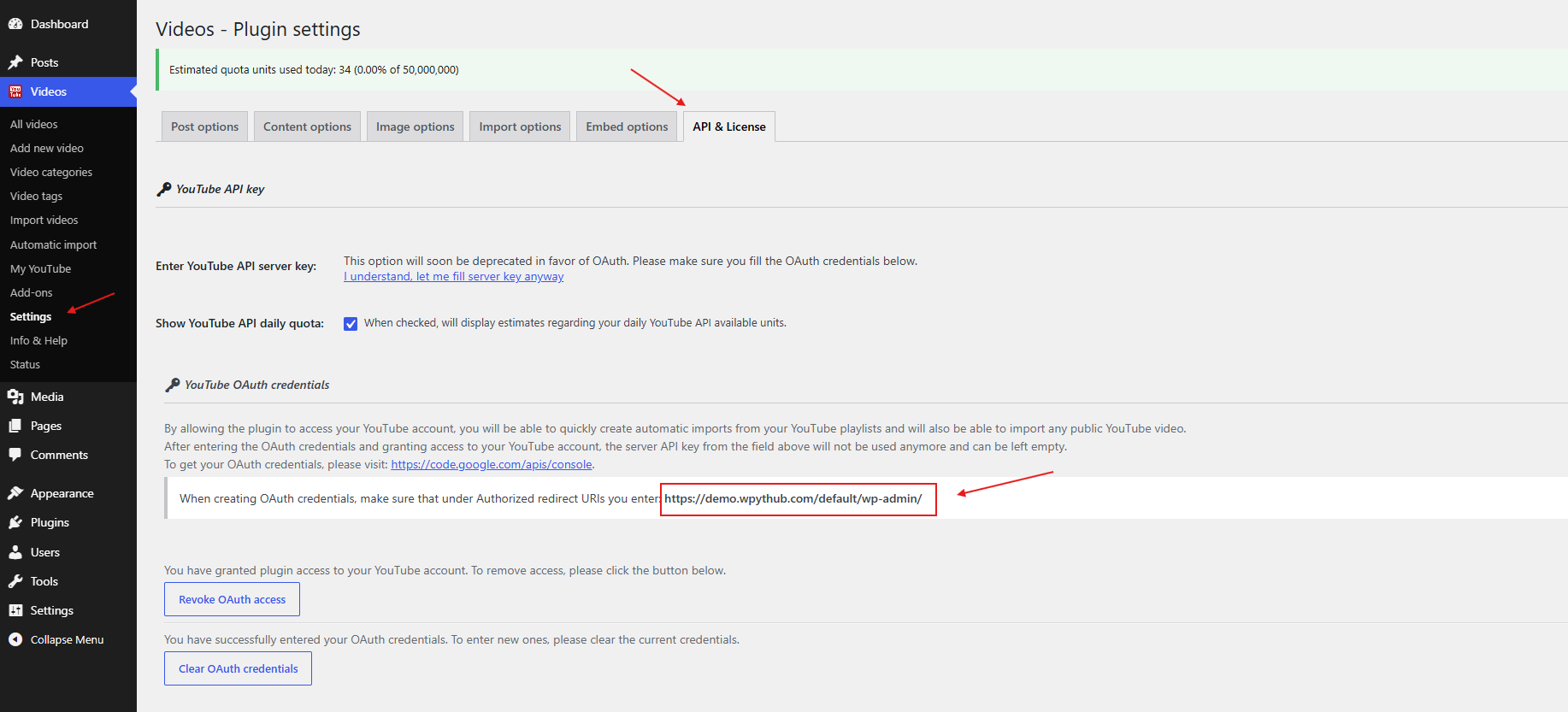 Video Hub API and License tab showing the OAuth redirect URI to copy