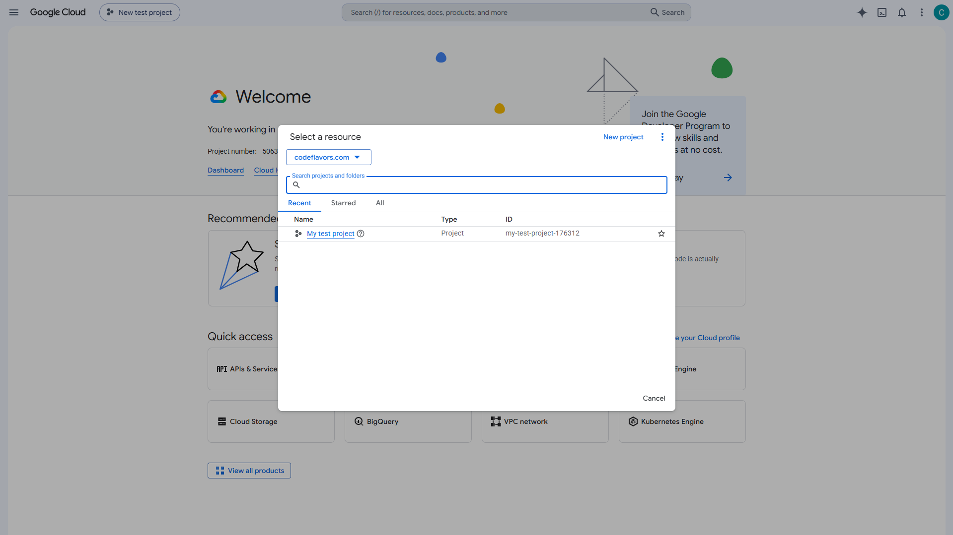 Google Cloud Select a resource dialog with the New project button