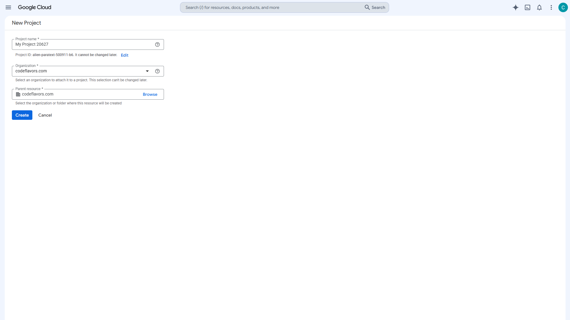 Google Cloud New Project form with name and organization