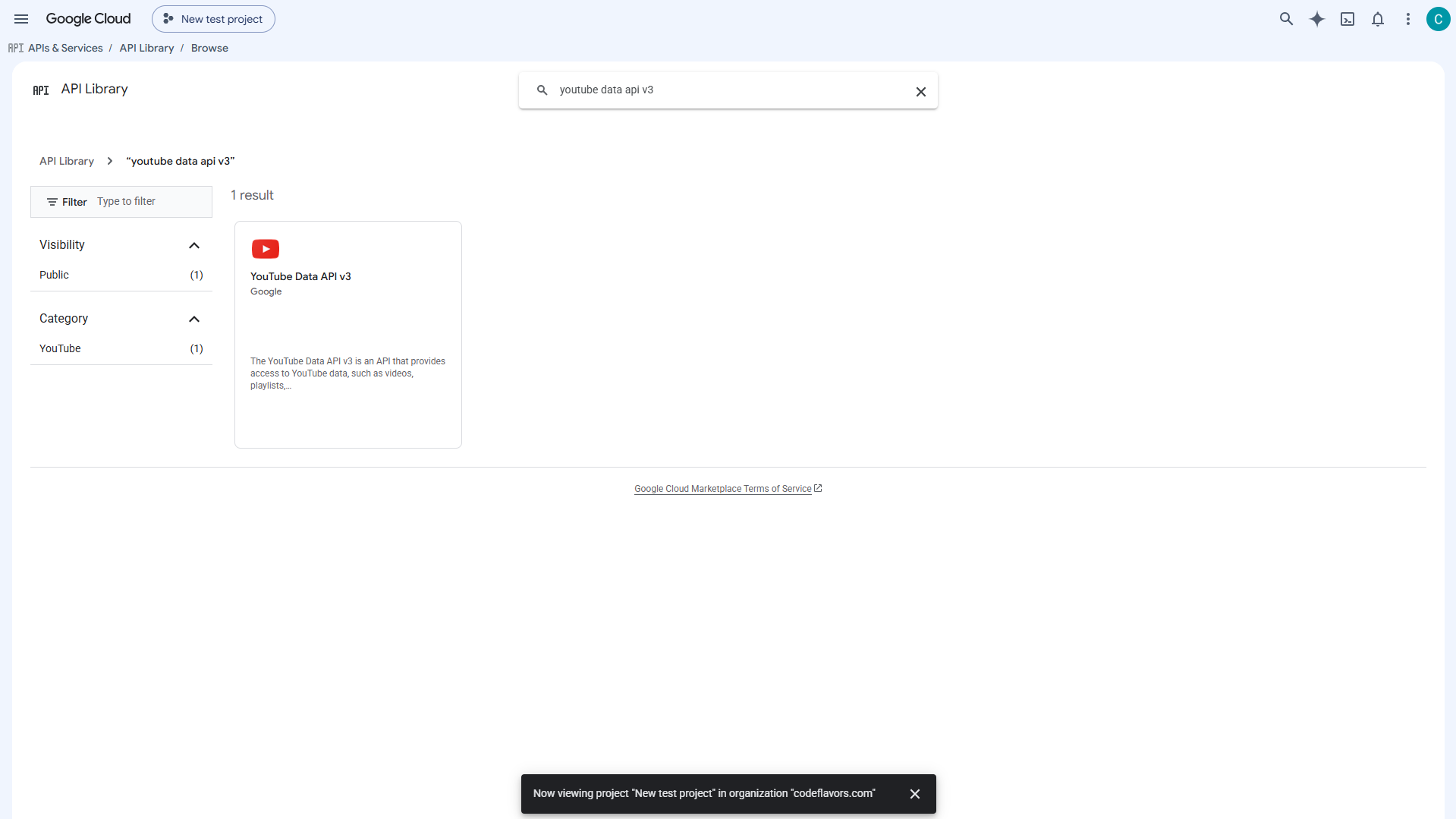 Searching the Google Cloud API Library for YouTube Data API v3