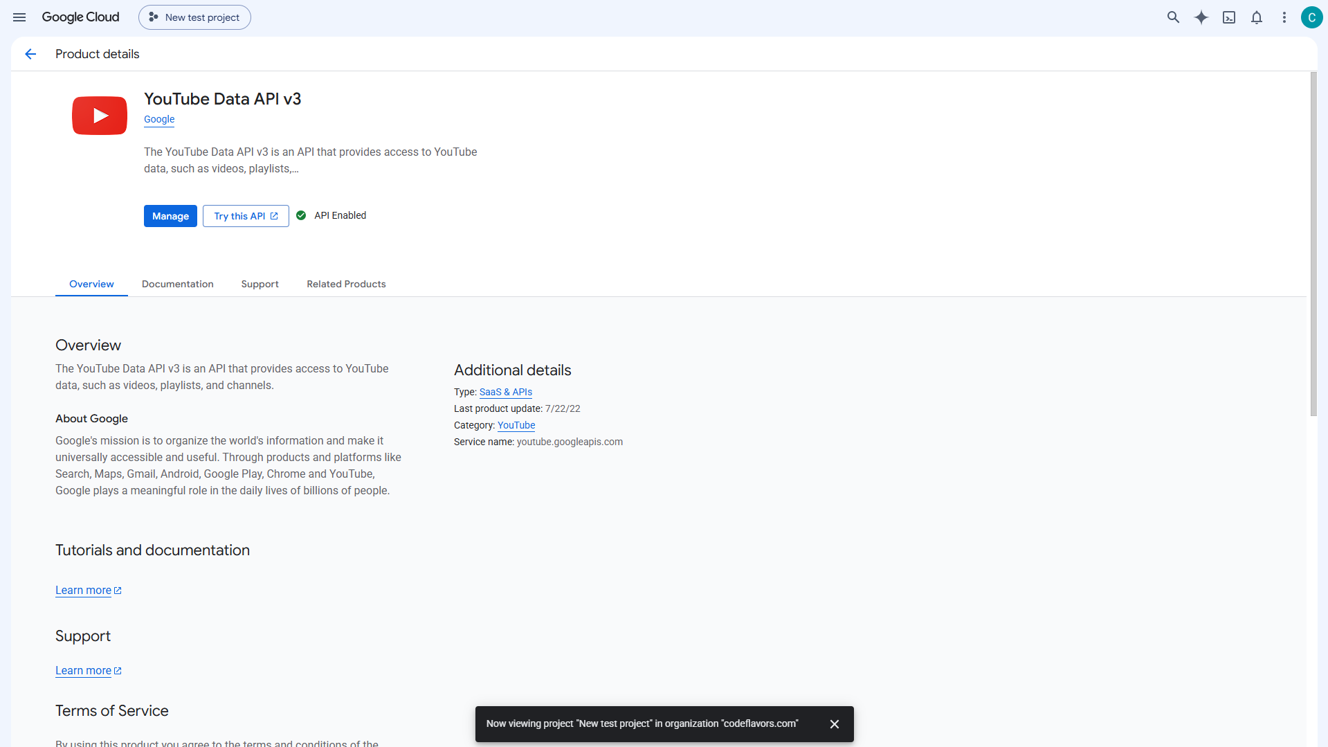 YouTube Data API v3 enabled in Google Cloud