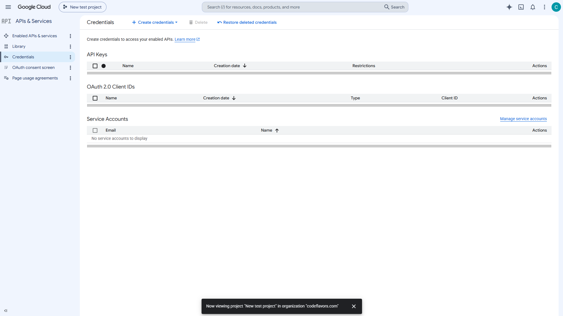 Google Cloud Credentials screen with Create credentials