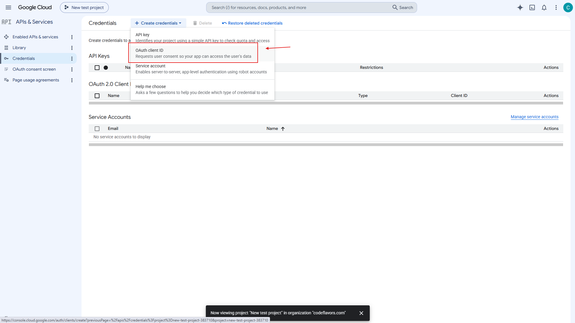 Create credentials menu with the OAuth client ID option