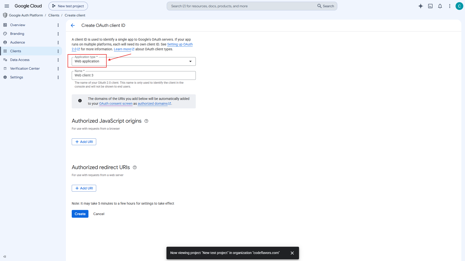 Create OAuth client ID form set to Web application